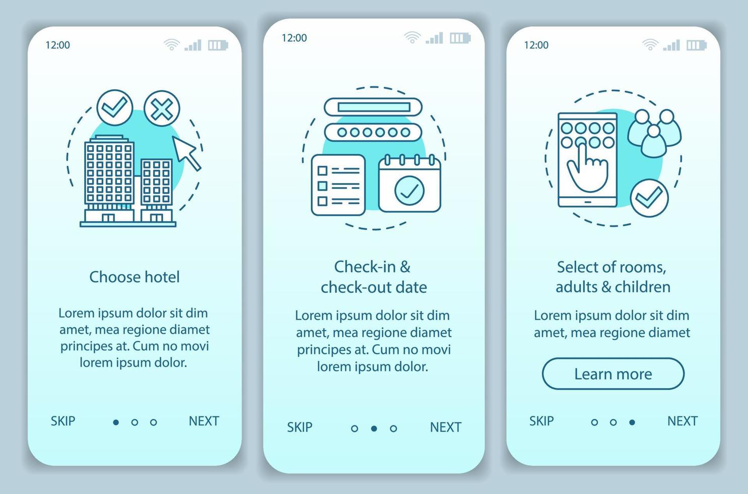 plantilla de vector de pantalla de aplicación móvil de incorporación de reserva de hotel. elegir alojamiento, apartamento. seleccione la habitación y haga la reserva. paso a paso del sitio web. ux, ui, concepto de interfaz de teléfono inteligente gui
