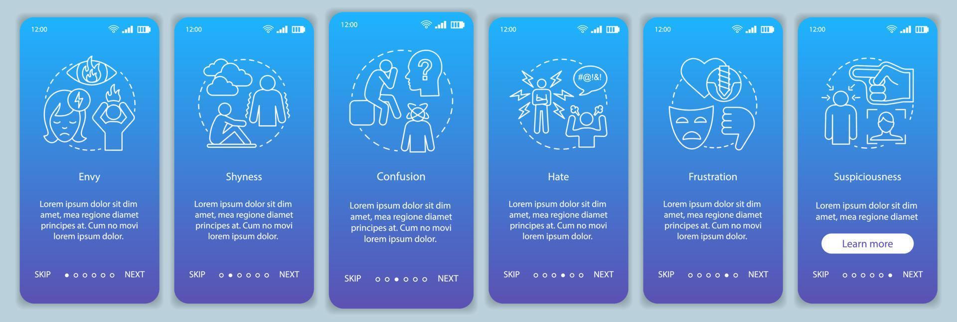 Hard feelings onboarding mobile app page screen vector template. Envy, shyness, confusion, hate, frustration. Walkthrough website steps with linear illustrations. UX, UI smartphone interface concept