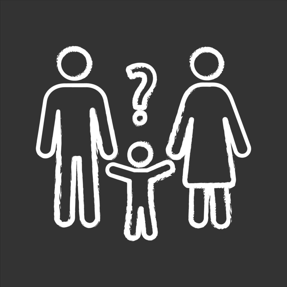 Child custody evaluation chalk icon. Parents solving problems. Confused family. Child asking why. Troubled and worrying couple. Family help. Isolated vector chalkboard illustration