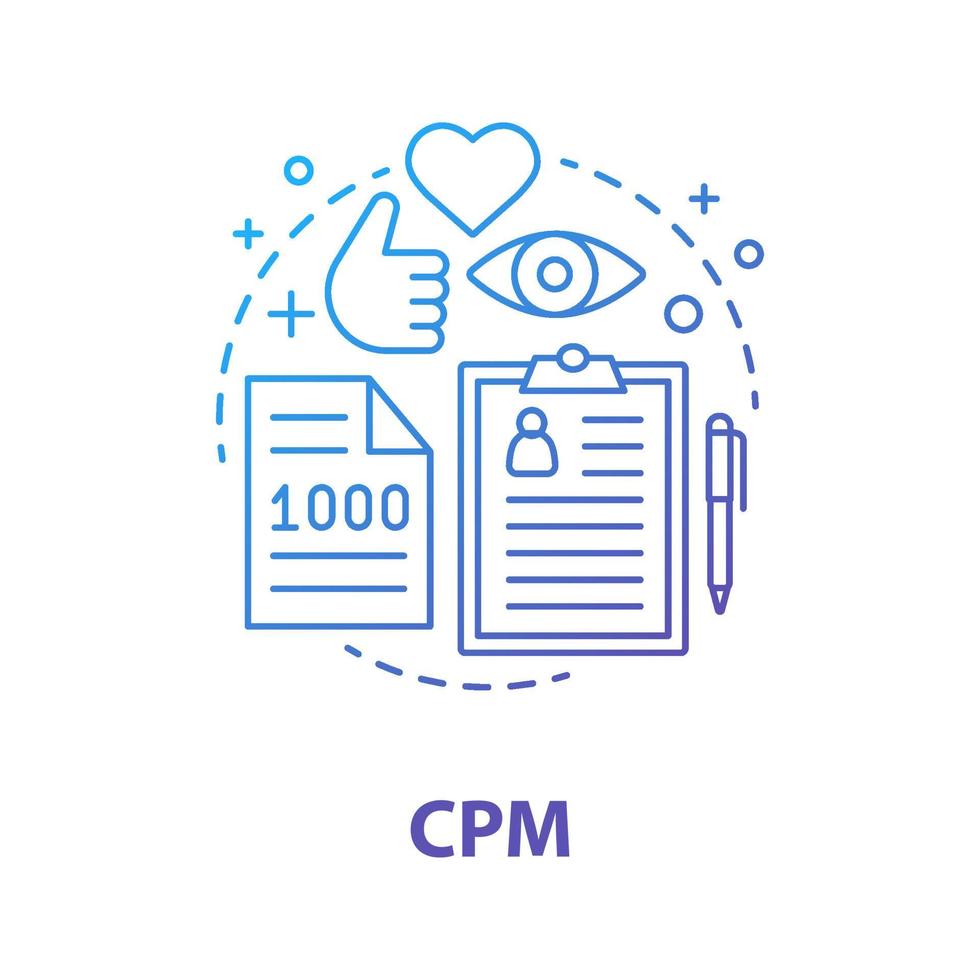 CPM concept icon. Pay per one thousand views, impressions. SMM. Social media marketing. Avertising campaign. Idea thin line illustration. Vector isolated outline drawing