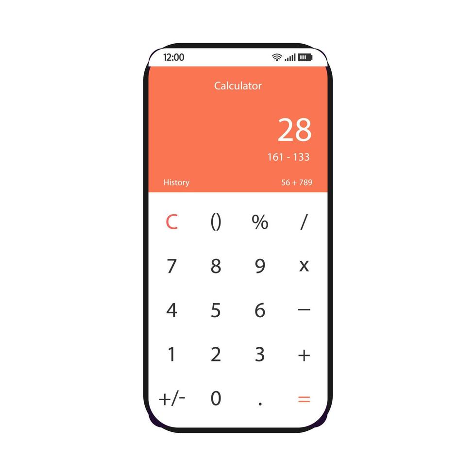 Mobile calculator smartphone interface vector template. Math app page white design layout. Simple arithmetic calculations screen. Digits subtraction flat UI. Mathematical application on phone display