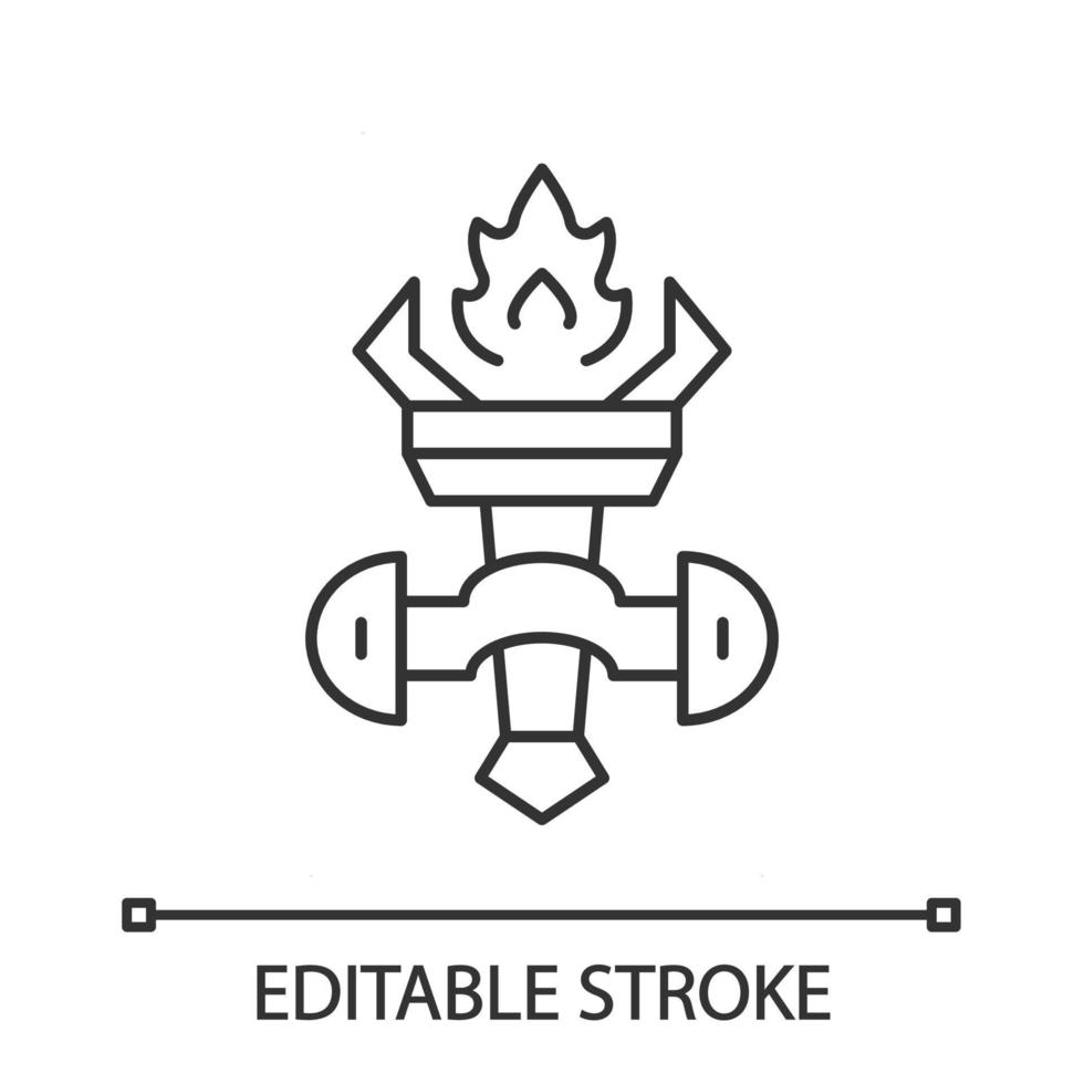 Medieval burning torch linear icon. Ancient wall light, lamp. Fire cresset in holder on wall. Thin line illustration. Contour symbol. Vector isolated outline drawing. Editable stroke