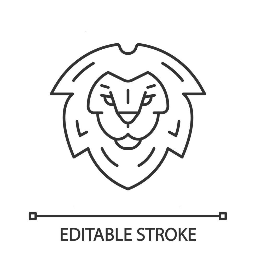 Lion head symbol linear icon. Thin line illustration. Leo king. Lion shield logo. Element for the brand identity. Contour symbol. Vector isolated outline drawing. Editable stroke