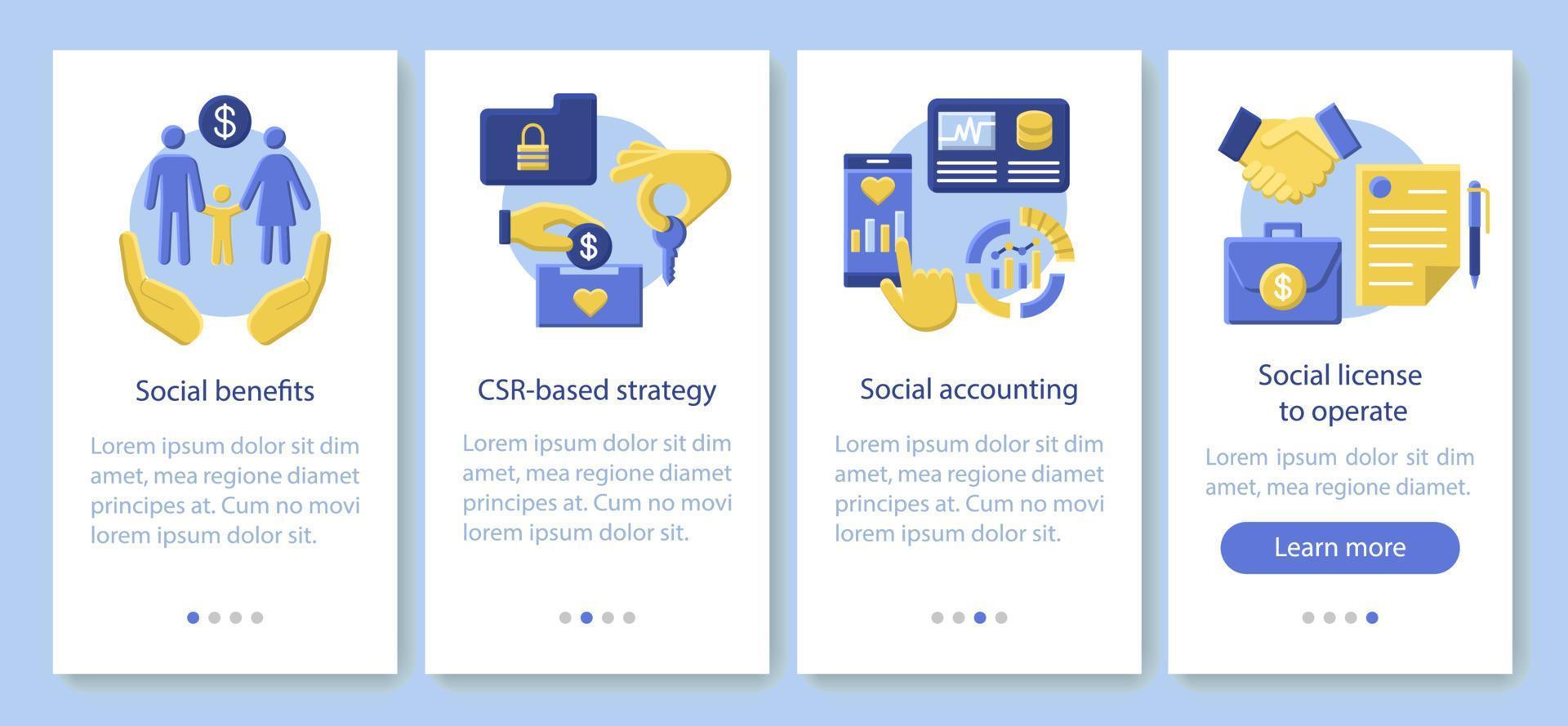 CSR onboarding mobile app page screen vector template. Corporate social responsibility. Social benefits, accounting. Flat design website instructions. UX, UI, GUI smartphone interface cartoon concept