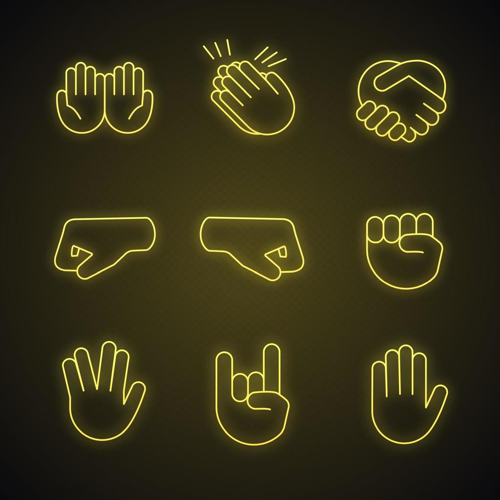 Hand gesture emojis neon light icons set. Begging, applause, handshake, left and right fists, rock on, vulcan salute gesturing. Shaking, clapping hands. Glowing signs. Vector isolated illustrations