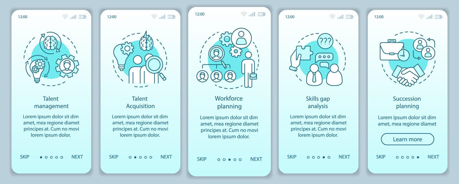 plantilla de vector de pantalla de página de aplicación móvil de incorporación de gestión de talento. adquisición de talento, planificación de la fuerza laboral. paso a paso del sitio web, ilustraciones lineales. ux, ui, concepto de interfaz de teléfono inteligente gui