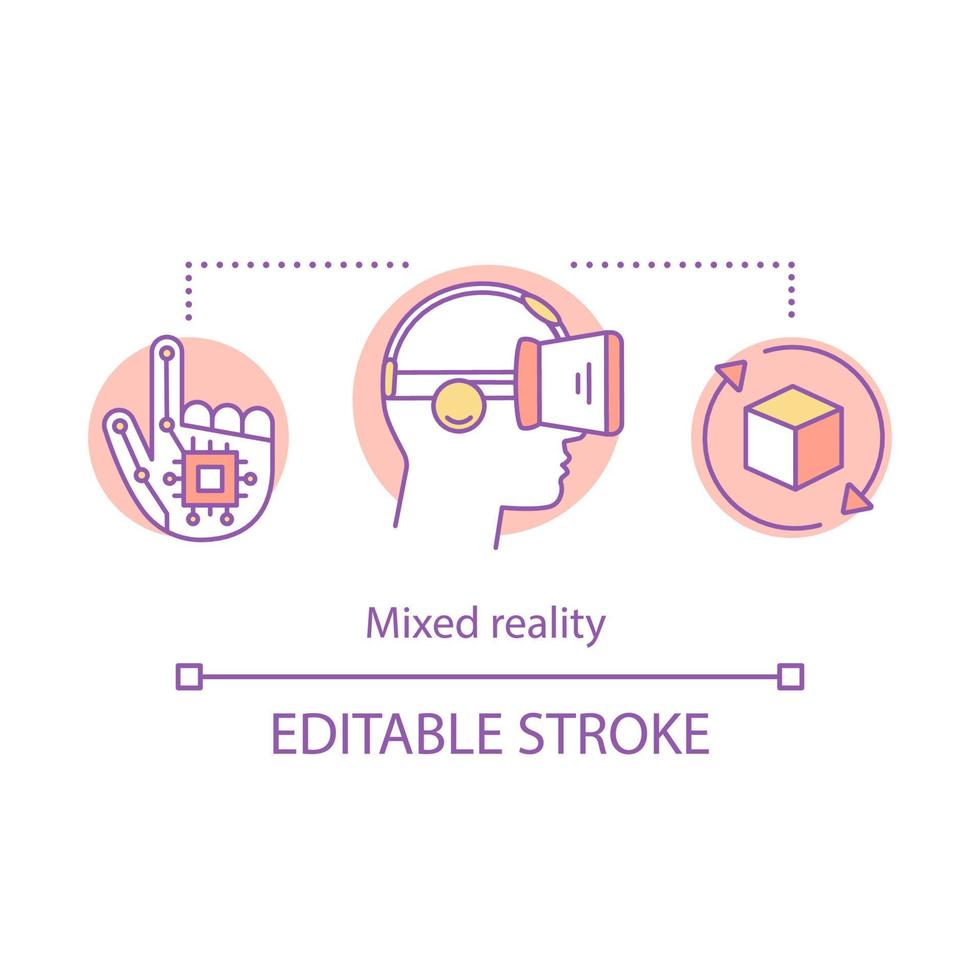 Mixed reality concept icon. Devices for digital environment. Virtual reality headset and gloves. VR player idea thin line illustration. Vector isolated outline drawing. Editable stroke