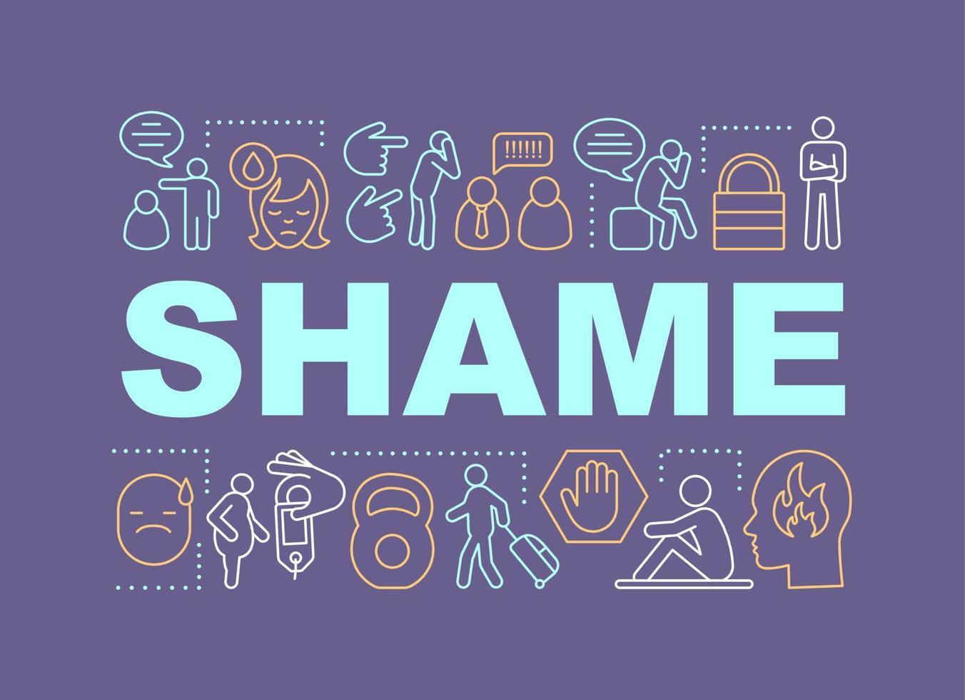 Shame word concepts banner. Suffering, distress, depression. Presentation, website. Isolated lettering typography idea with linear icons. Vector outline illustration