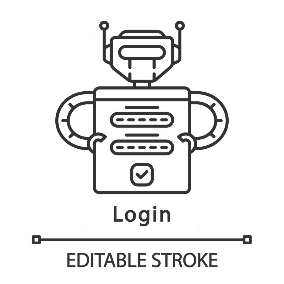 Login linear icon. Robot logging into application. Internet bot. Authorization form. Robotic process automation. Vector isolated outline drawing. Editable stroke