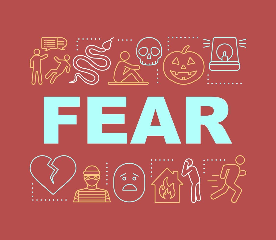 Fear word concepts banner. Pain, harm, threat of danger. Presentation, website. Fearfulness. Isolated lettering typography idea with linear icons. Vector outline illustration