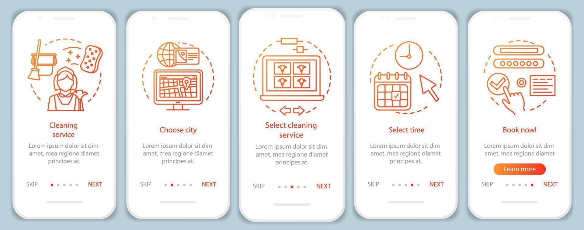 pantalla de la página de la aplicación móvil de incorporación de la reserva del servicio de limpieza, conceptos lineales. planificación de la limpieza del hogar. cinco, tutorial paso a paso instrucciones gráficas. ux, ui, plantilla vectorial gui con ilustraciones vector