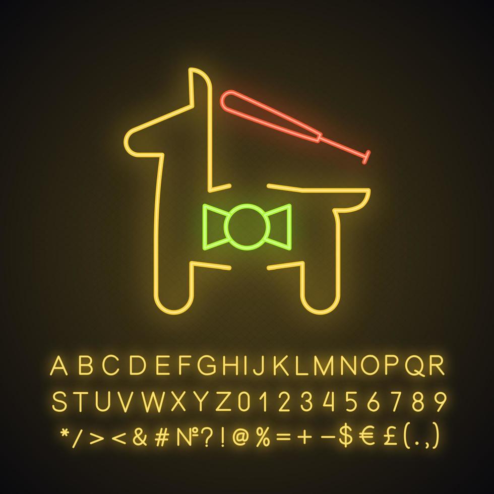 Pinata neon light icon. Horse figure with toys and sweets. Glowing sign with alphabet, numbers and symbols. Vector isolated illustration