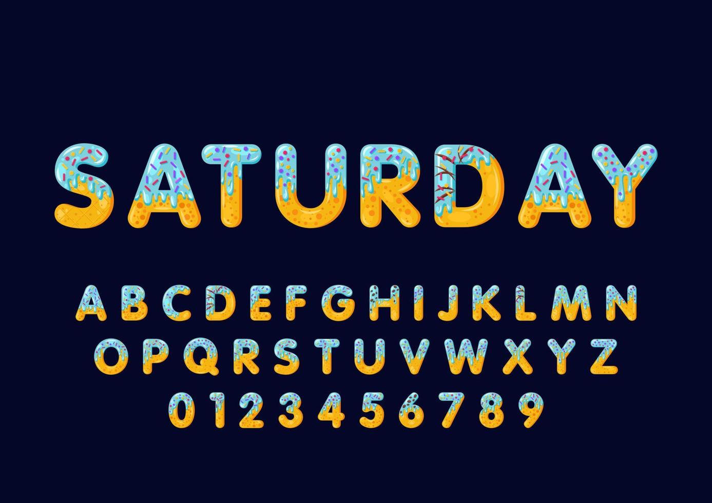 Donut cartoon saturday biscuit bold font style. Glazed capital letters, alphabet, number. Tempting flat design typography. Cookies letters. Dark blue background. Pastry, bakery isolated vector clipart