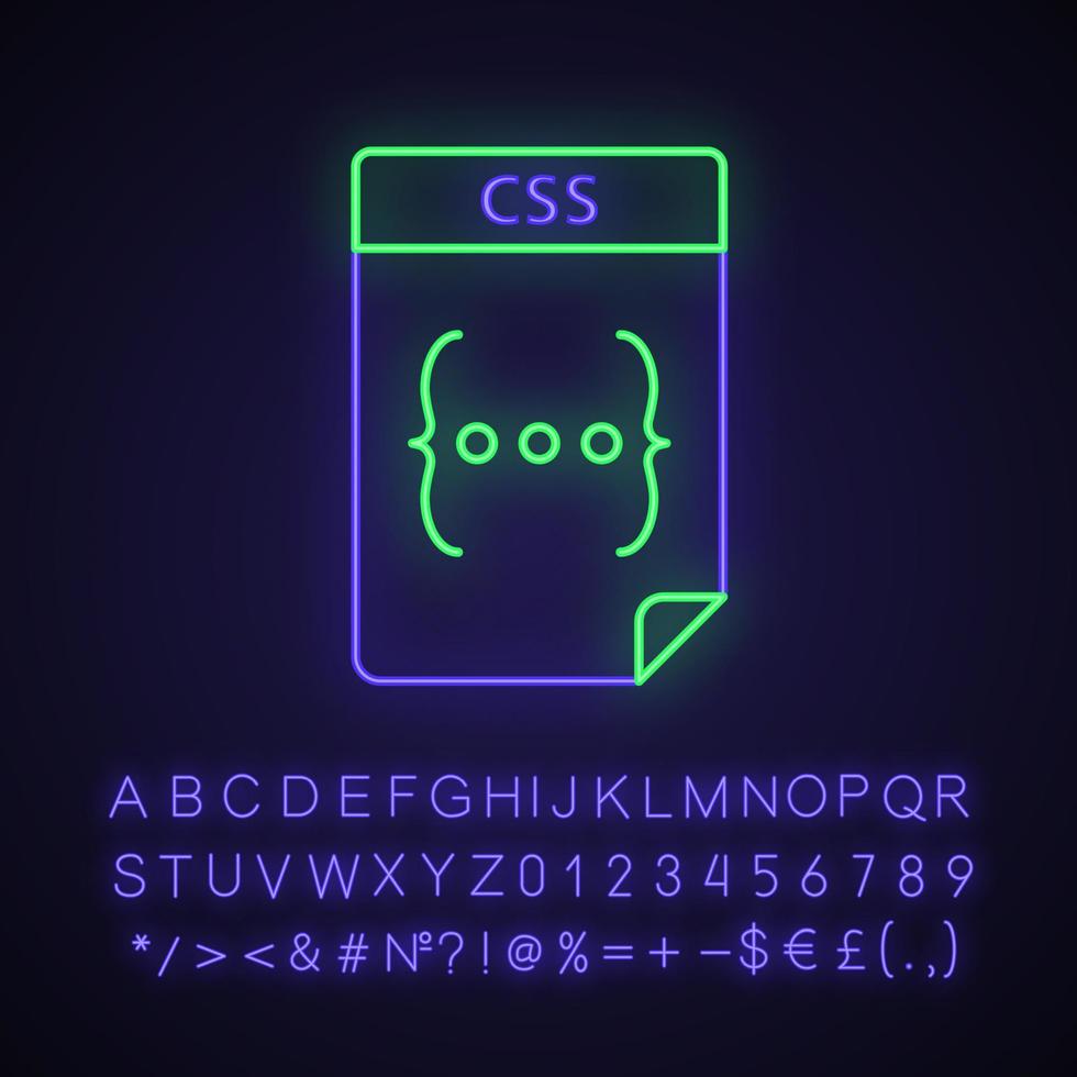 CSS file neon light icon. Cascading style sheets. Webpage text file format. Glowing sign with alphabet, numbers and symbols. Vector isolated illustration