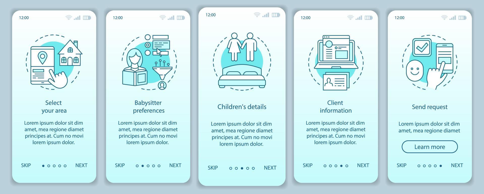 Babysitter choosing onboarding mobile app page screen vector template. Childcare service reservation. Nanny booking. In-home babysitting. Walkthrough website steps. UX, UI, GUI smartphone interface