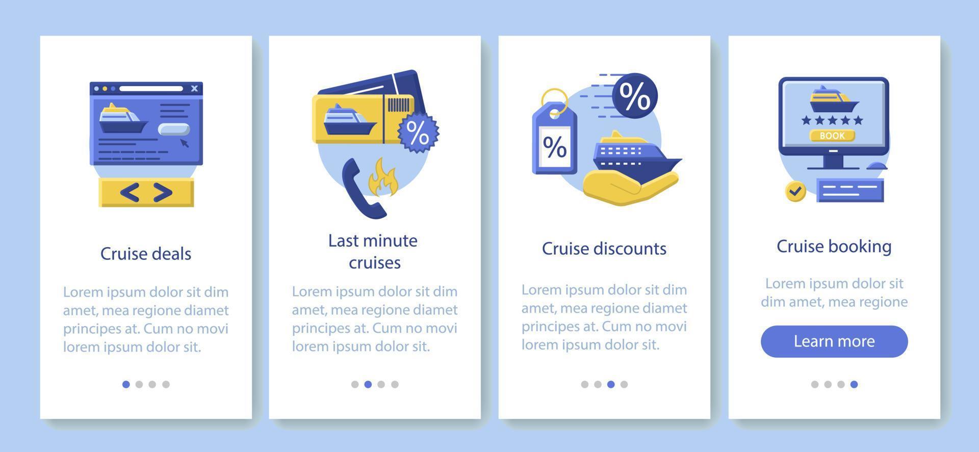 Cruise onboarding mobile app page screen vector template. Deals, last minute cruises, discounts, booking. Flat design website instructions. UX, UI, GUI smartphone interface cartoon concept