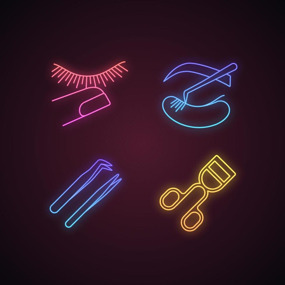 Eyelash extension neon light icons set. Straight and curved pointed tweezers, stop touching, lash curler, classic individual eyelash extension. Glowing signs. Vector isolated illustrations