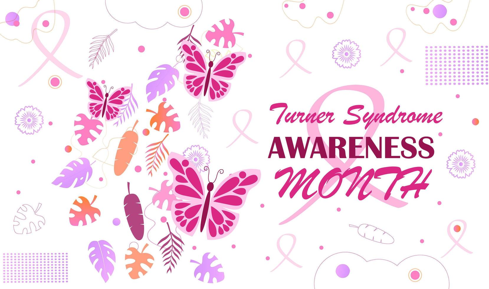 Turner Syndrome awareness month is celebrated in February. Pink butterflies and falling tropical colorful leaves on white background. Crimson ribbon is symbol vector
