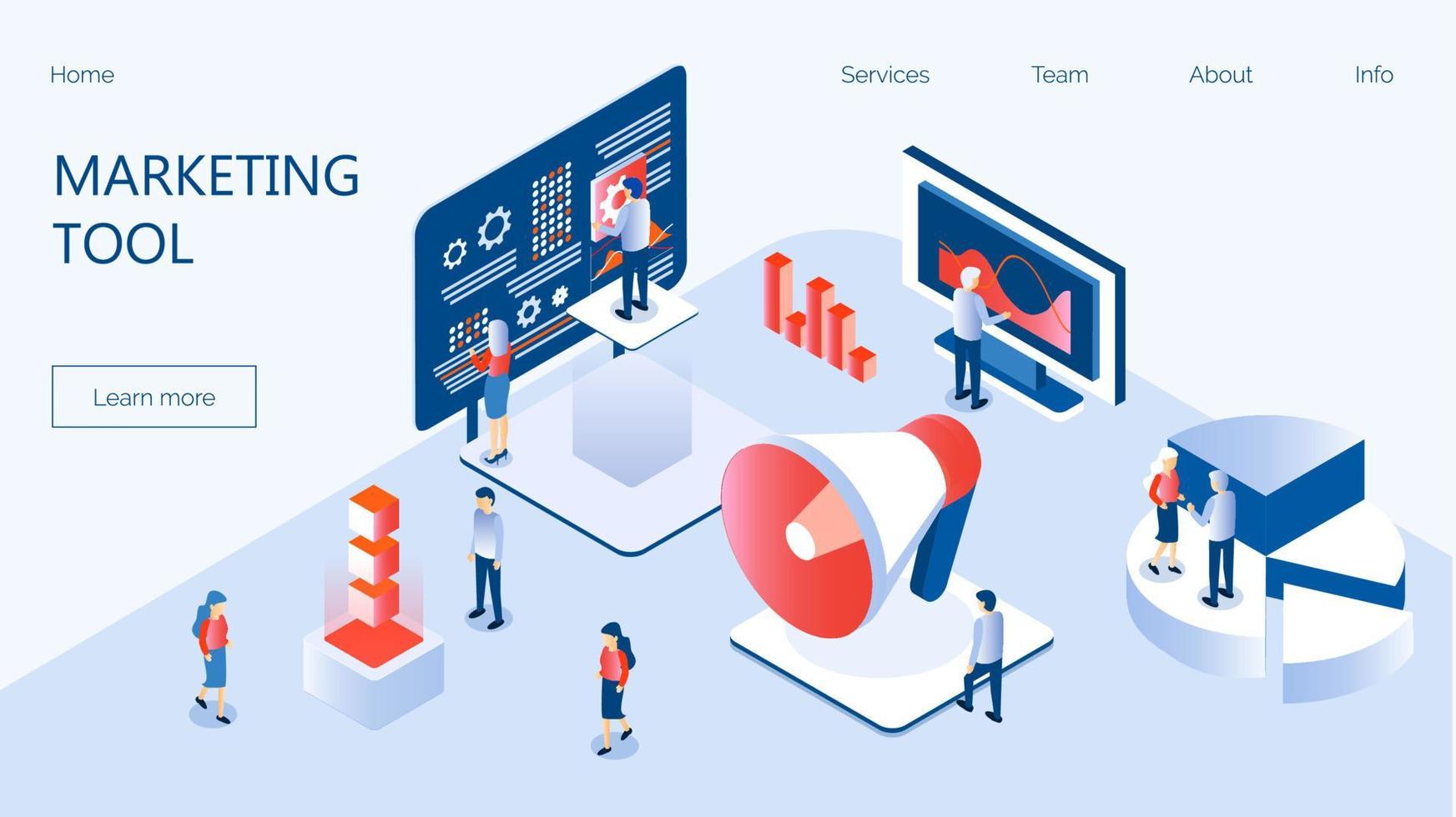Marketing e-commerce, data analysis tool isometric vector for website. Digital business content, column charts on screen. E-mail marketing, product promoting, advertising campaign, digital promotion.
