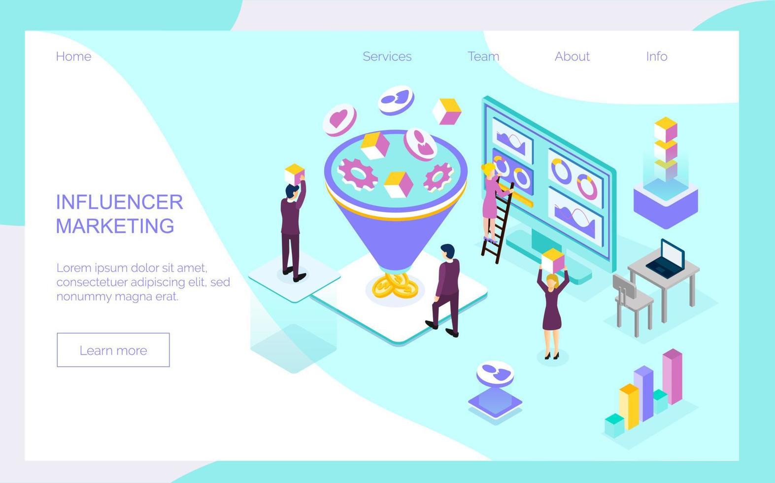 Influencer marketing isometric concept vector for landing page. Impact on B2C customers, potential buyers or consumer products in online market, Internet communication business in trendy flat style.