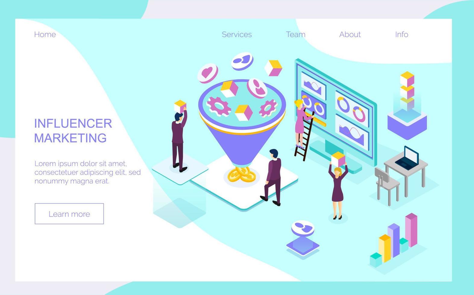 vector de concepto isométrico de marketing de influencia para la página de destino. impacto en clientes b2c, compradores potenciales o productos de consumo en el mercado en línea, negocios de comunicación por Internet en un estilo moderno y plano.