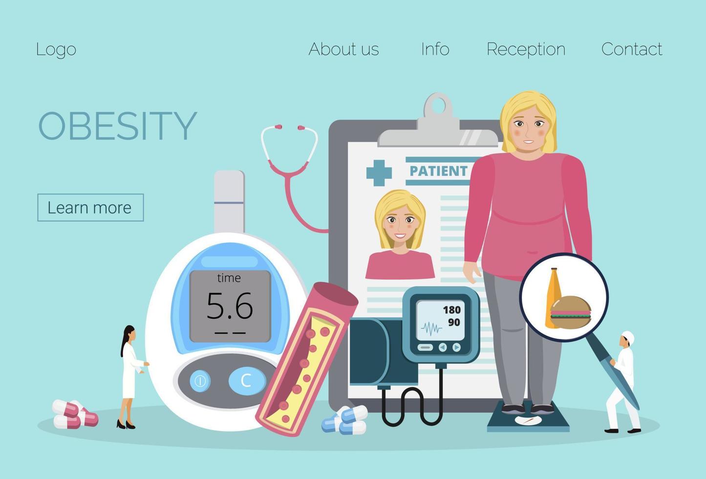 Obesity concept vector. Obsessive woman eats unhealthy food. Diabetes, atherosclerosis, hypertension, heart disease risk are complications in cartoon style. Fat blonde girl is smiling. vector