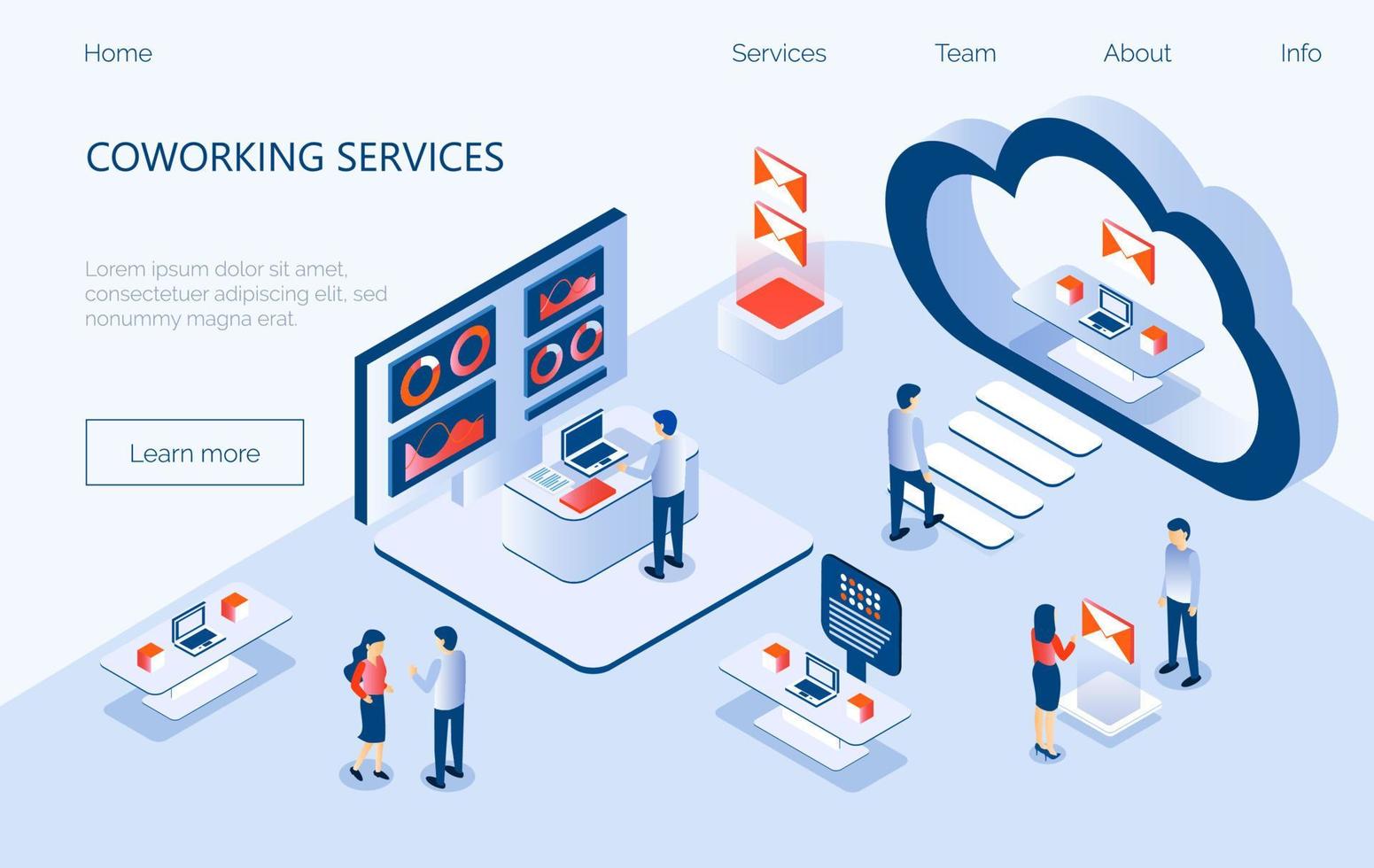 Coworking service isometric concept vector. Coworkers office with characters. Cloud office for internet business. Freelancers working online. Seo optimization, web development, copywriting workspace. vector