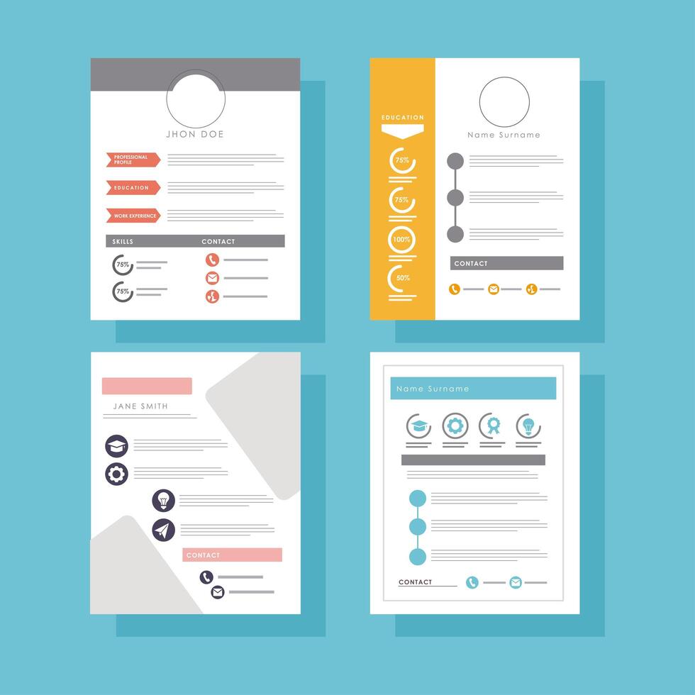 cuatro plantillas de curriculum vitae vector