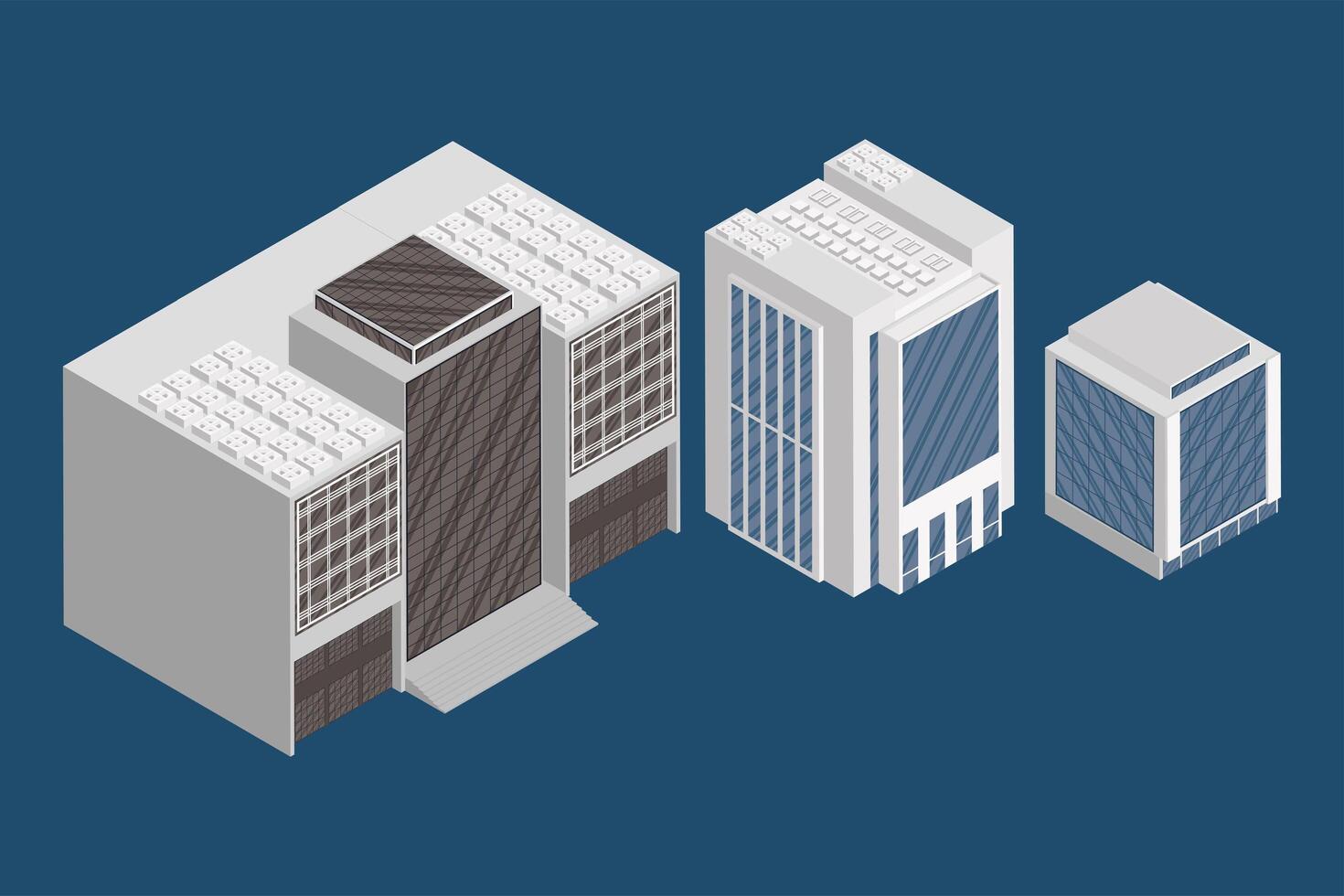 tres iconos de edificios isométricos vector