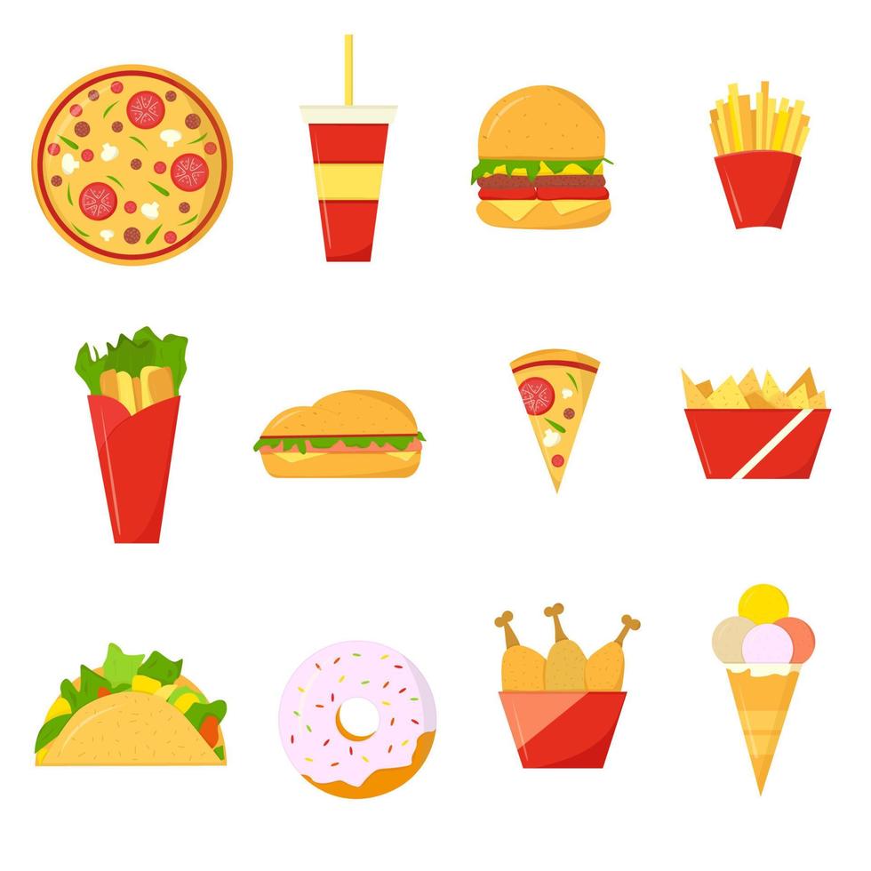 Set of multicolored fast food icons. Flat style vector