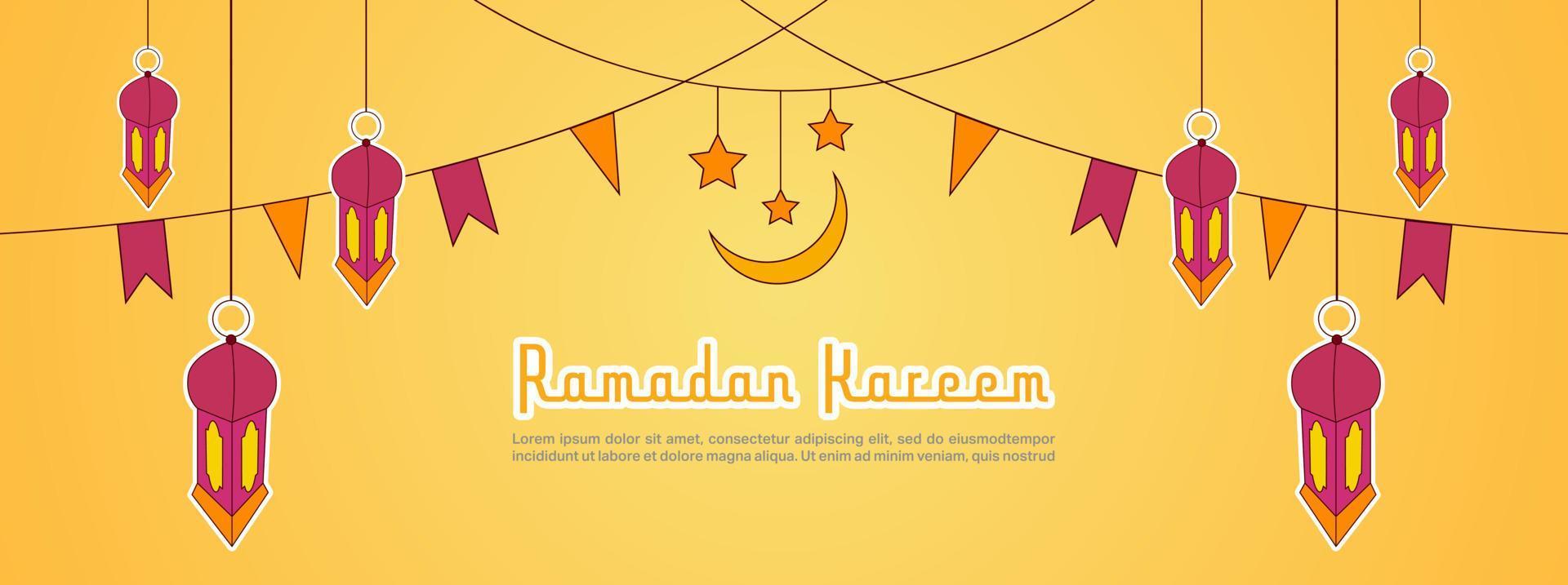 Ramadan kareem horizontal vector banner. Muslim religion holy month flat banner copy space vector illustration. Banner with lamps decoration.