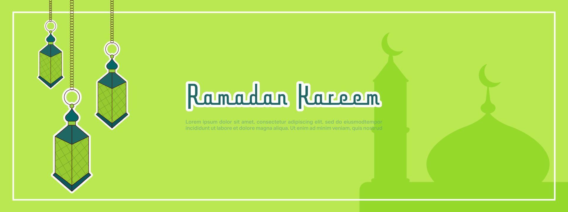 ramadán kareem banner vectorial horizontal. religión musulmana mes sagrado plana banner copia espacio vector ilustración. banner con decoración de lámparas.