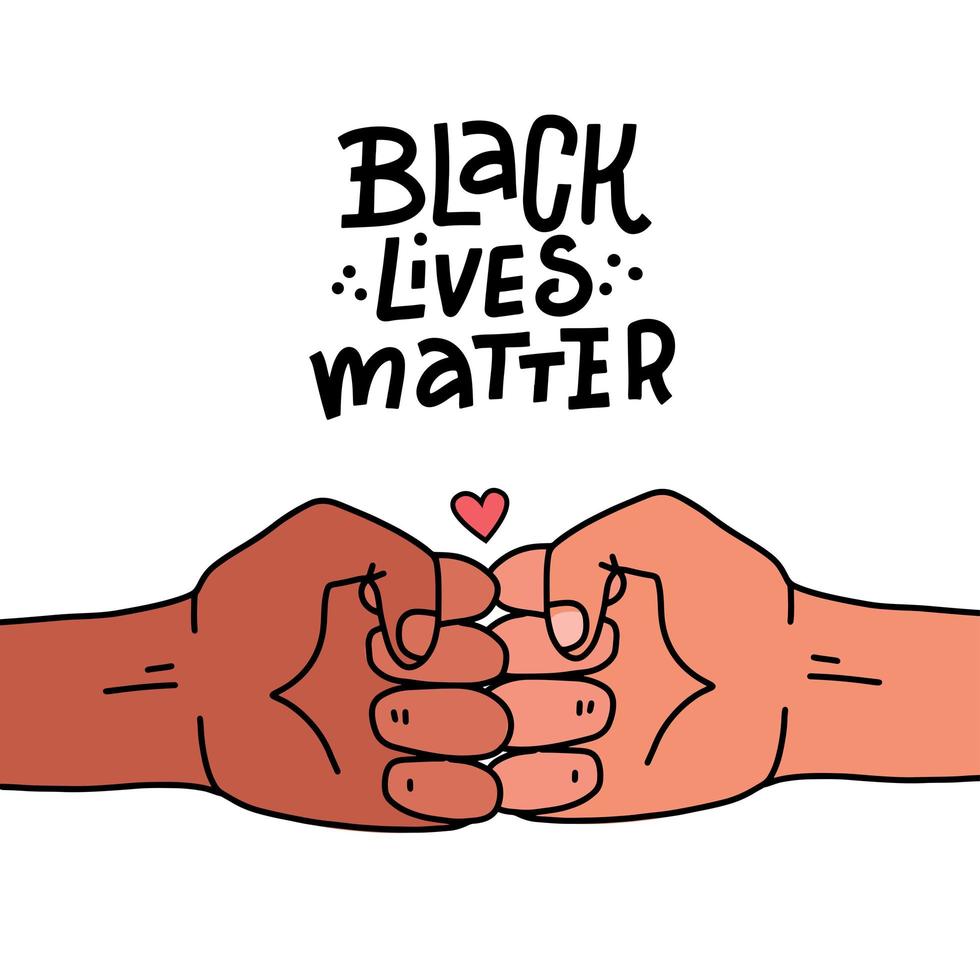 Black lives matter poster, banner. Black Lives Matter stylised lettering . Black and white bro fist together concept. Campaign against racial discrimination of dark skin color. Vector Illustration.