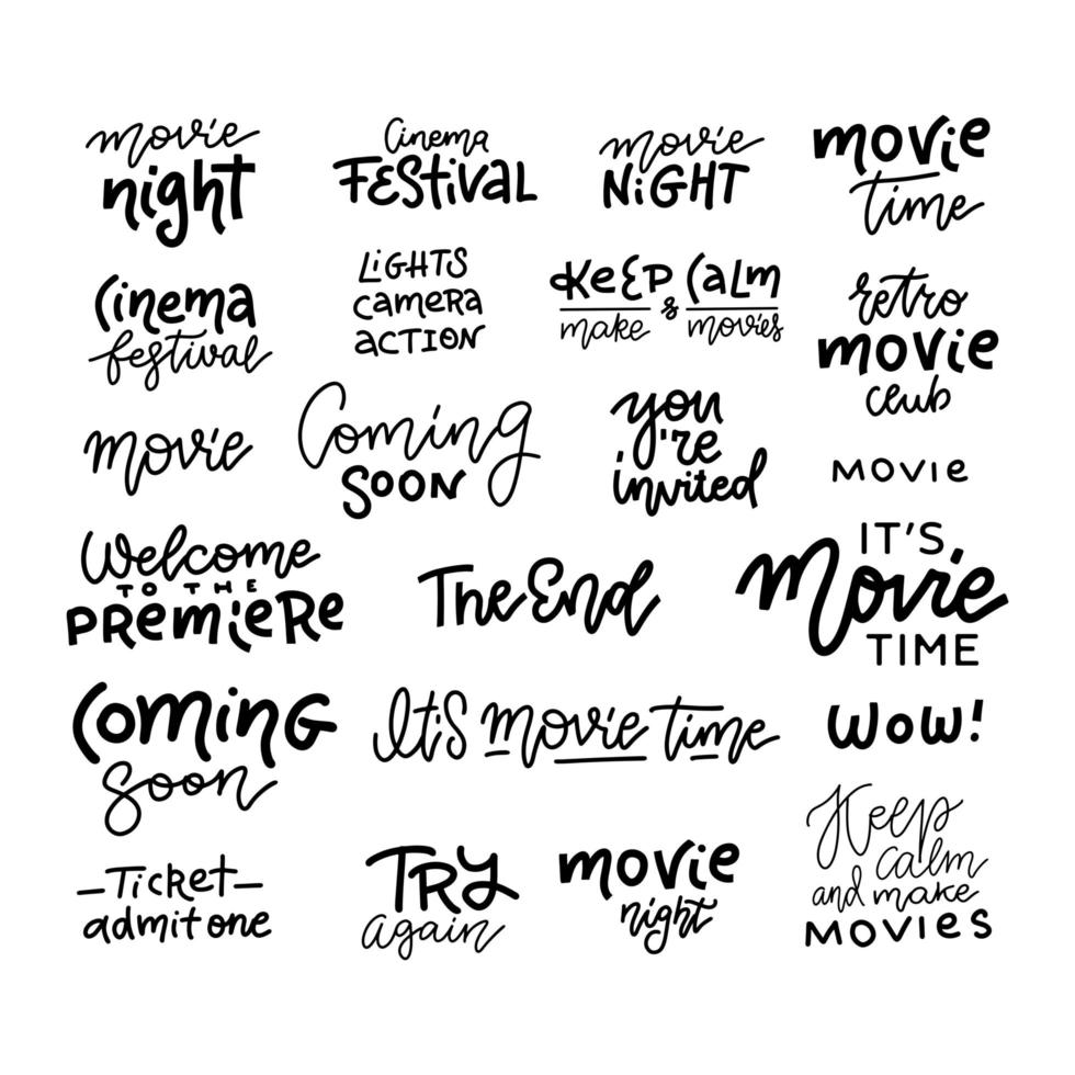 Set of cinema, movie, film doodles and trendy lettering isolated on white background. Vector text. Good for logo, pin, t-shirt design, posters, cards and banners