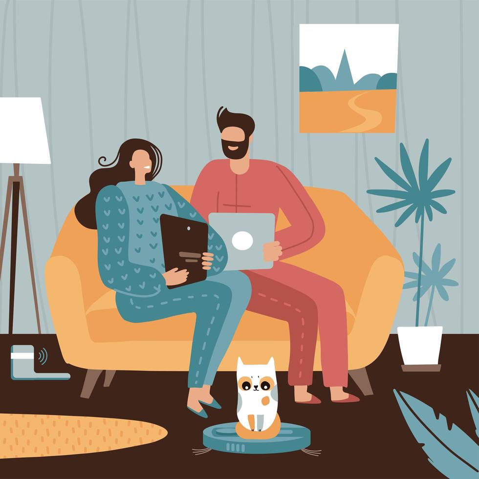 Couple sitting on sofa and working on laptop. Cat Driving or Riding Automatic Cleaner that is Vacuuming Floor. Remote Station Charging. Cartoon Flat Vector Illustration.