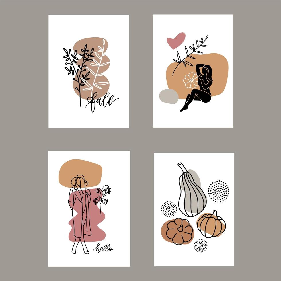 Set of autumn artistic greeting cards, invitations or posters. Pumpkins , branches and abstract geometric shapes. Minimalist vector drawings in A4 size. Fall, Thanksgiving or kitchen posters, wall art