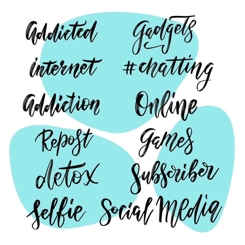 Set of Like Share Repost Subscribe hand lettering stickers. Typographic and calligraphic inscriptions for social media and blog posts. Handwritten web sayings about internet addiction vector