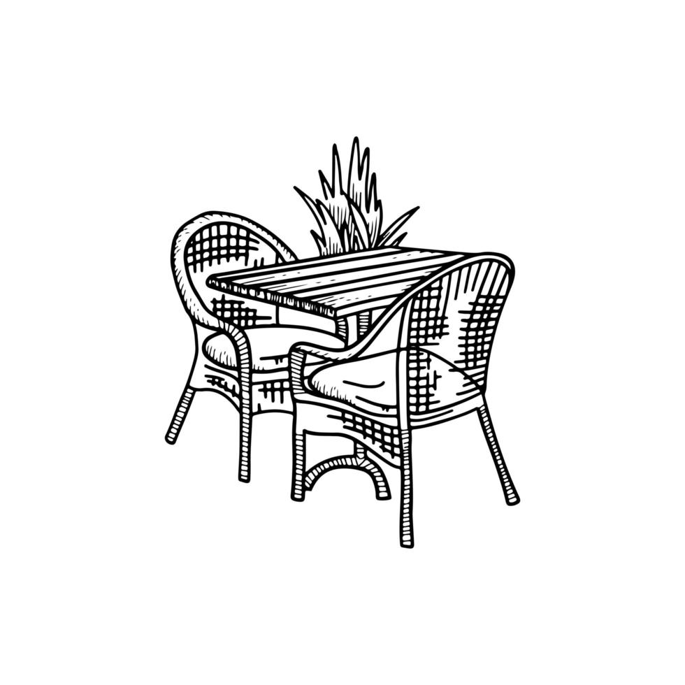 Furniture in summer cafe - two chairs with table and plant. Outdoor coffee bistro. Vector sketch hand drawn illustration.