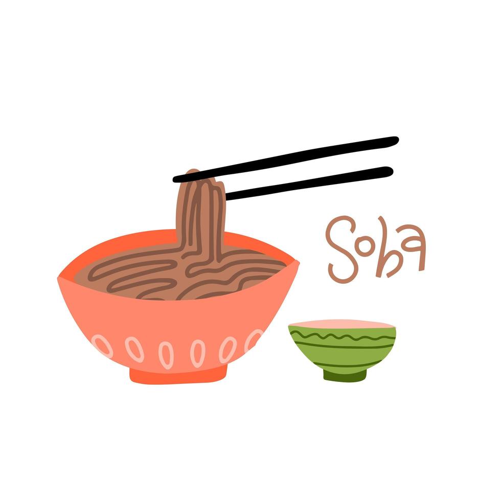 Bowl of buckwheat noodles. Soba side view. Chopsticks hovering above. Wan mian. South East Asian cuisine. Isolated vector illustration.