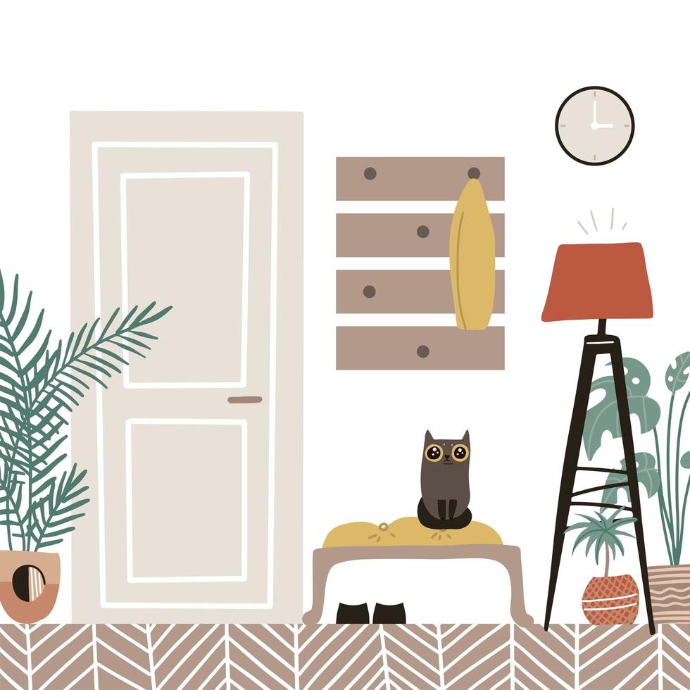 Hall interior - cozy scandinavian furniture with closed door. Hallway with potted plants and cat. Flat cartoon style vector illustration.