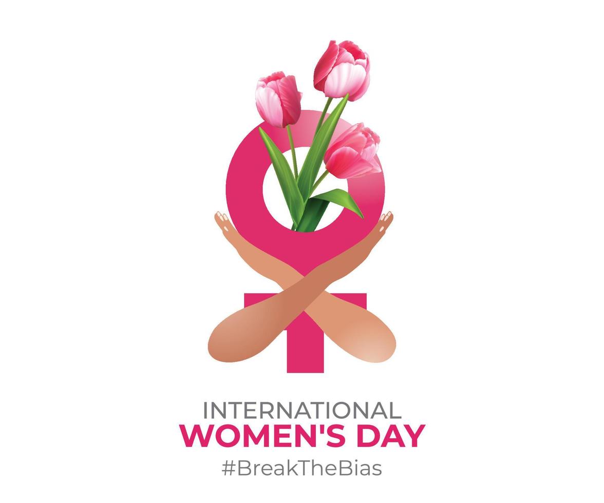 International women's day concept poster. Woman sign and pink tulip flower illustration background. 2022 women's day campaign theme- BreakTheBias vector