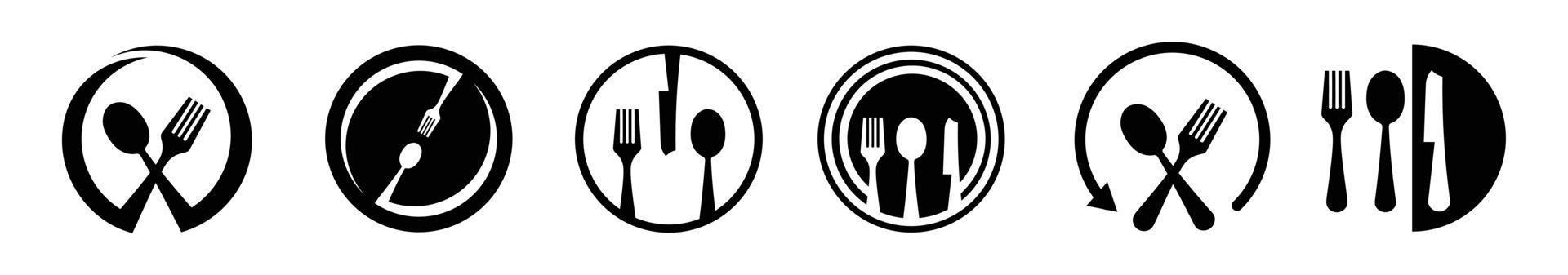cuchara de ilustración vectorial de vajilla, tenedor, cuchillo y plato conjunto de iconos en estilo de línea, colección de servicio de cena vector