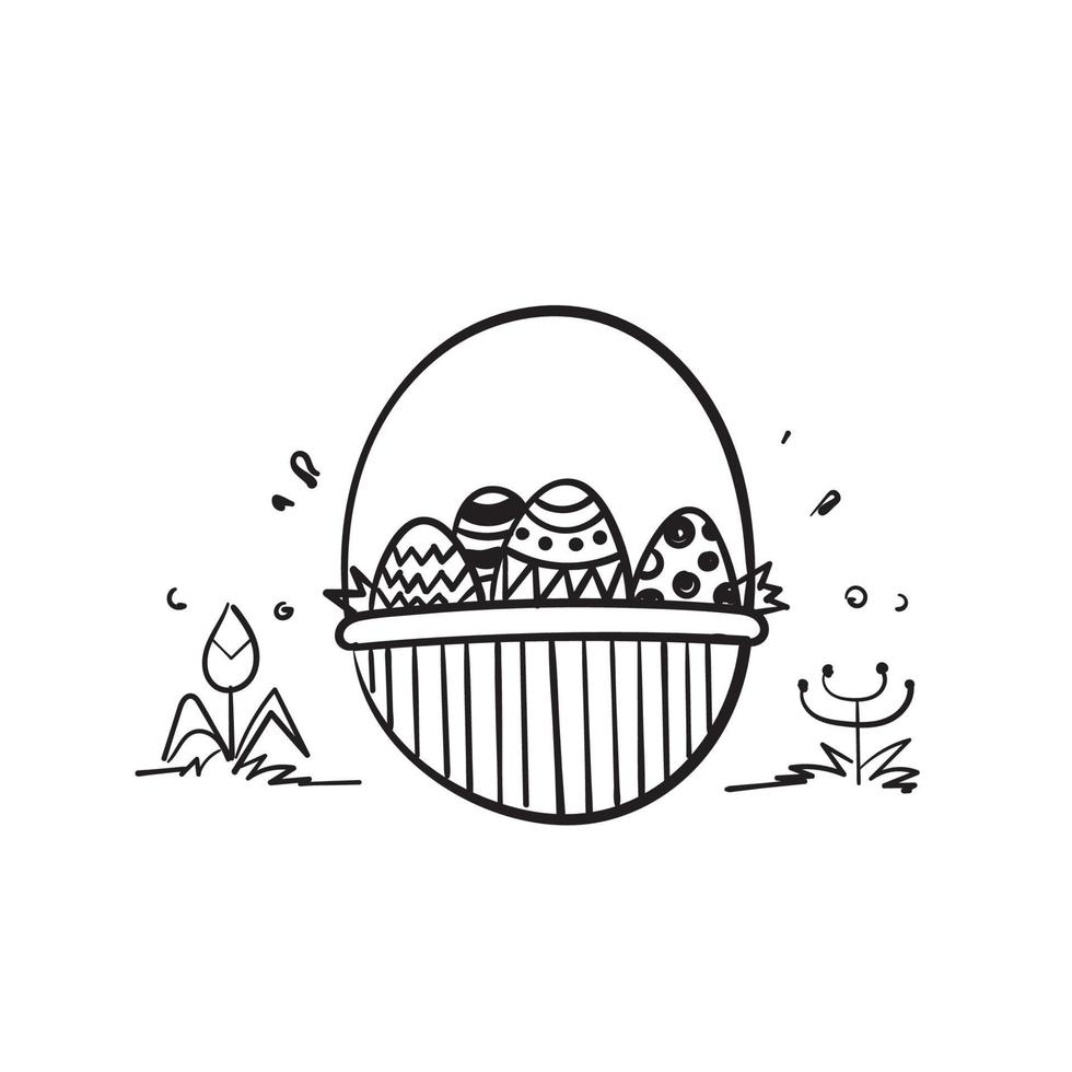 dibujado a mano doodle huevo de pascua en icono de ilustración de cesta aislado vector