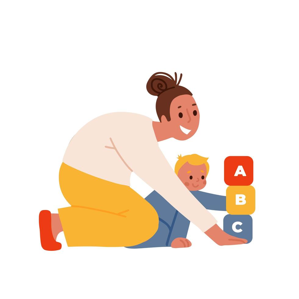Smiling Mother playing with kid at home. Educational toys. Child playing colorful cubes, developmental constructor. Flat hand drawn vector illustration.