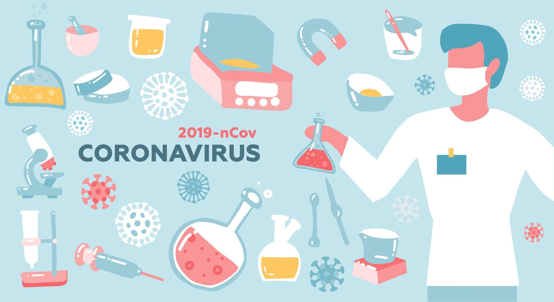 Male scientist or Doctor research coronavirus CoV in the laboratory. Health and medicine concept. Flat vector illustration.