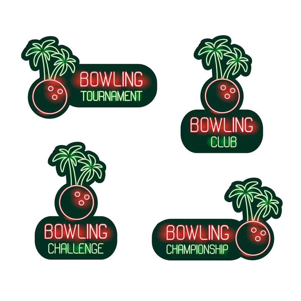 juego de bolos de club de letreros de neón, torneo, desafío, campeonato. colección tropical vectorial de símbolos verdes y rojos, logotipo de neón, anuncios de carteles de iluminación nocturna con una bola de boliche y palmeras. vector