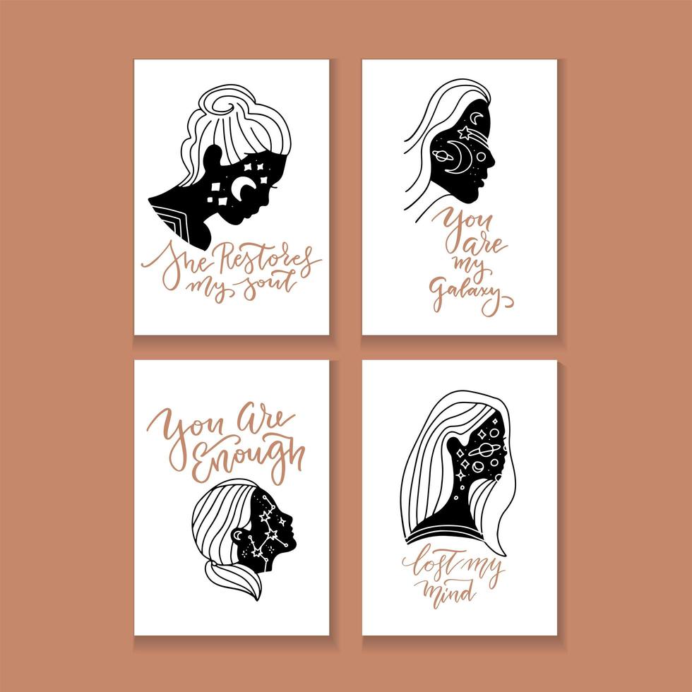 Hand drawn typography posters set, greeting card or print invitation with girl s head silhouette and phrase in it. Hand drawn lettering quote. Collection of contemporary linear vector art posters