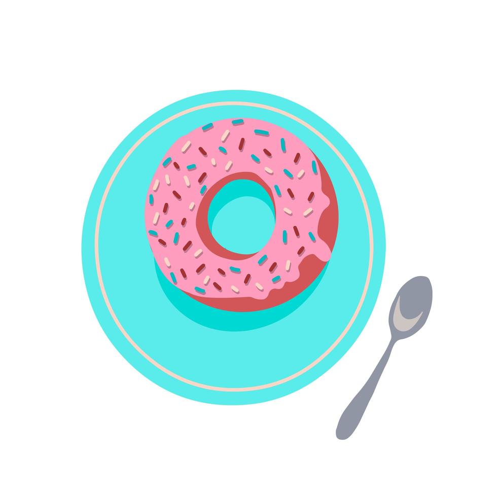Donut with bright pink glaze on plate decorated powder and candys on white background. Concept nutrition. Vector hand drawn cartoon illustration.