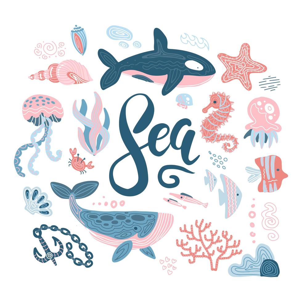 Set of Sea animals composition. Vector cartoon underwater creatures collection - jellyfish, starfish, ocean, sea horse, shell, fish, whale. Set of silhouettes in the minimal hand drawn child style