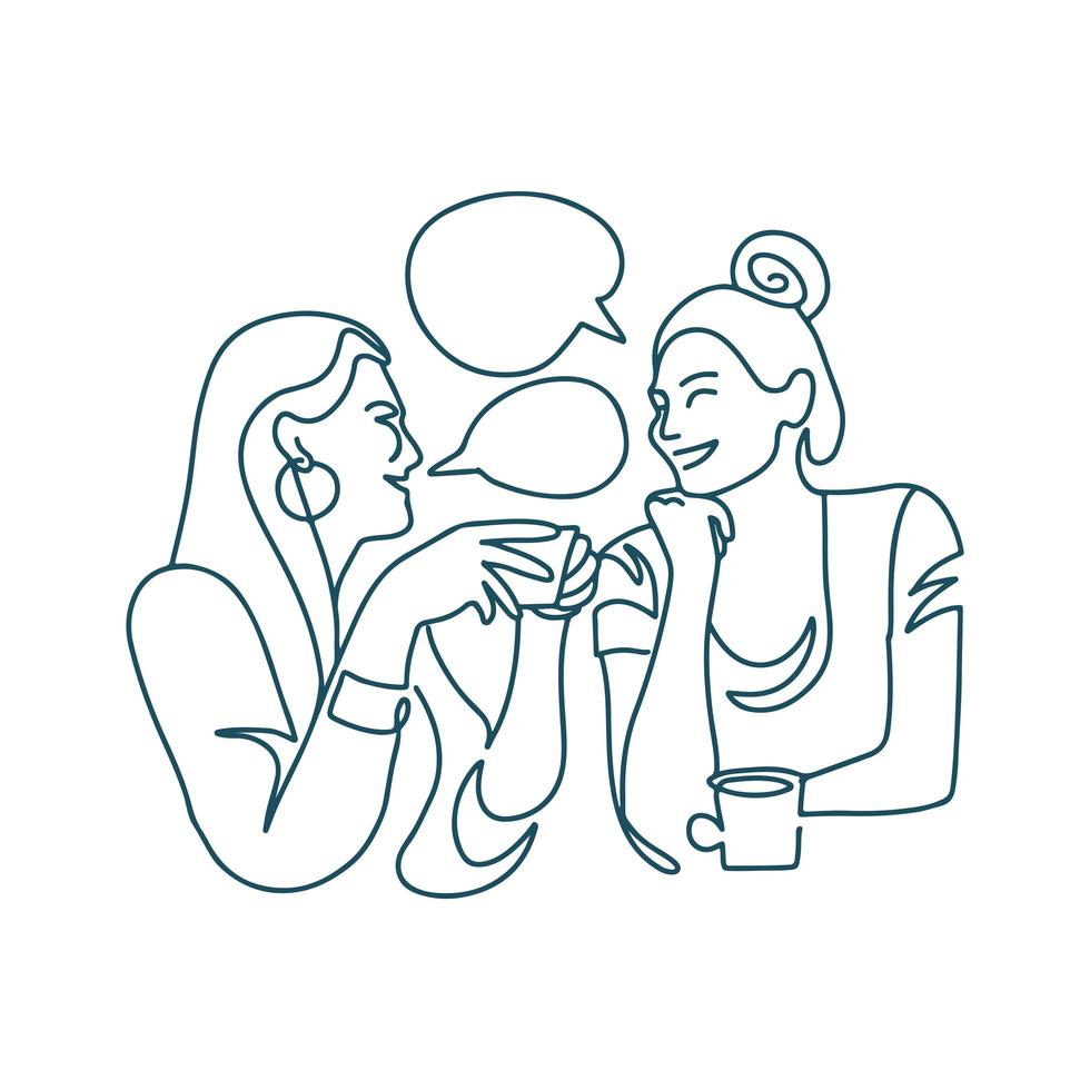 Continuous line drawing of two women drinking coffee in a restaurant. Two happy girls chatting, laughing and talking. Two lady having a conversation. Vector one line illustration.